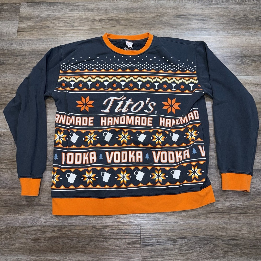 Tito's Handmade Vodka Sweatshirt Mens Large Oversized Gray Orange Holiday-Themed